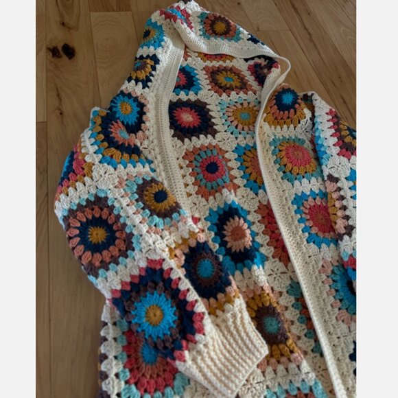 Granny Square Cardigan Crochet Sweater Maxi Long Hooded Afghan 100% Cotton Knit - Picture 2 of 9